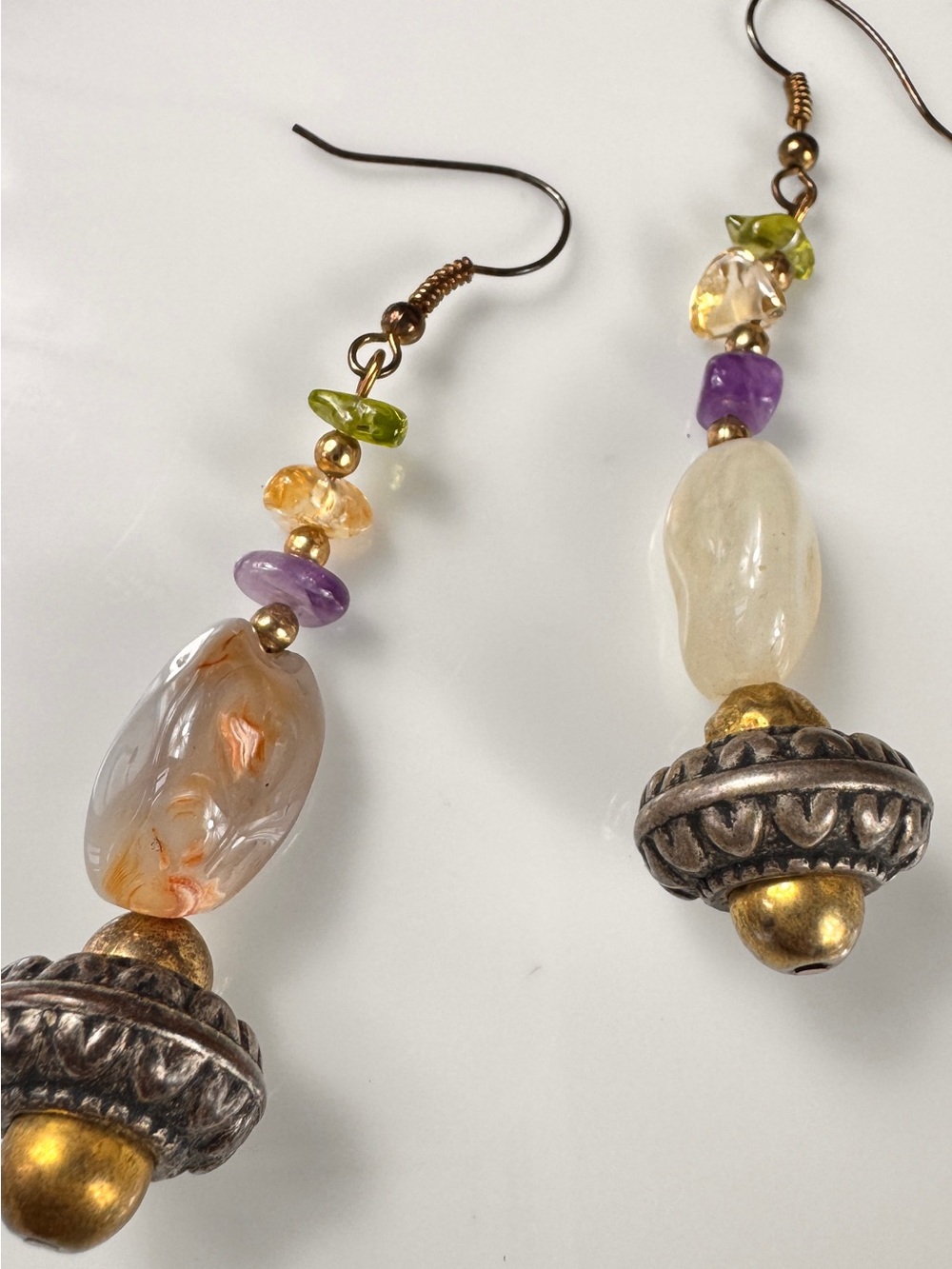 Fluorite & Amethyst Stone Drop Earrings - Gold & Mixed Gem Tones - Picture 7 of 8